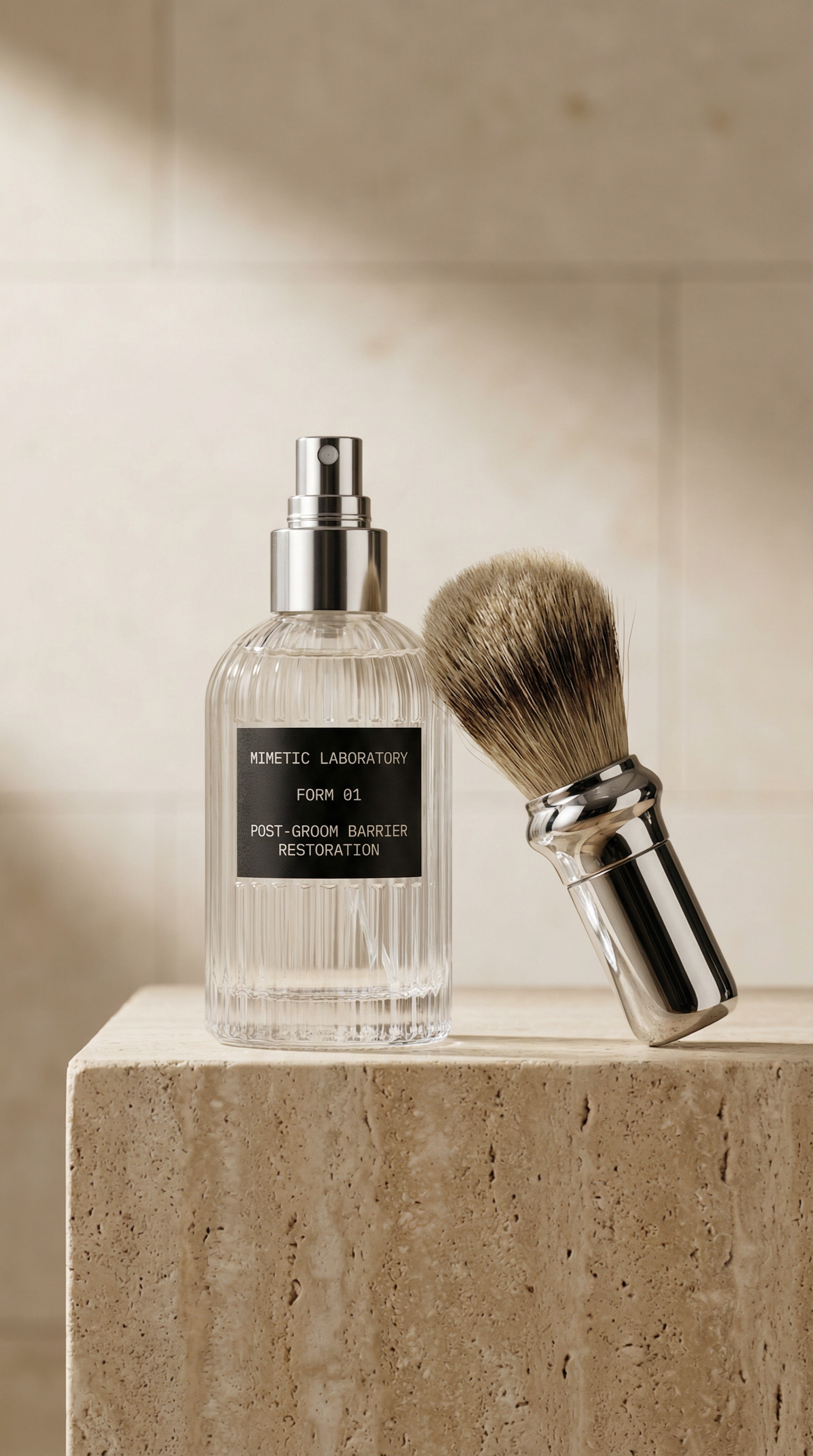 FORM 01 bottle with silver grooming brush on travertine