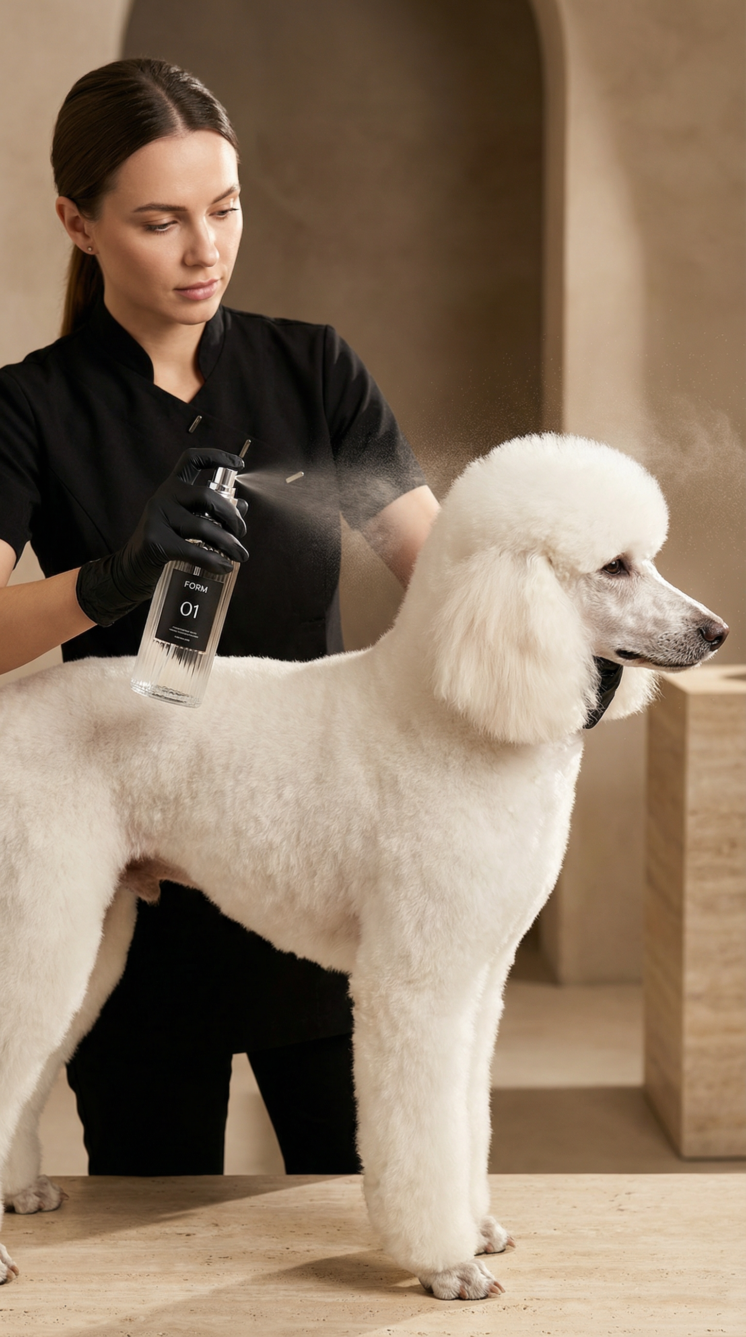 Professional groomer applying FORM 01 to white Poodle